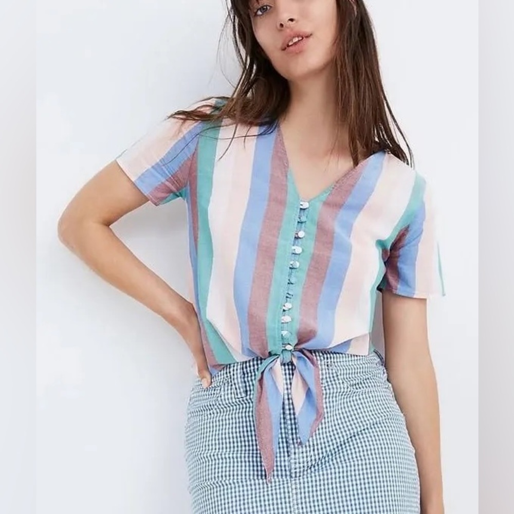 Madewell Size M Novel Tie-Front Button Top in Flagstaff Stripe